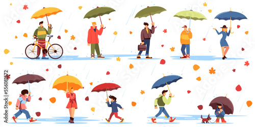 Autumn rain. People characters with umbrellas. City weather. Leaves and raindrops. Walking men and women. Running couple. Children on bicycles. Autumnal rainfall. Vector cartoon set