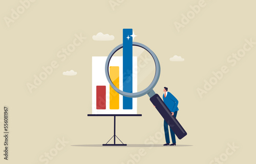 Examining financial data or Business growth. Research analysis data, analyzing chat information. Businessman using a magnifying glass to look at graphs. Illustration