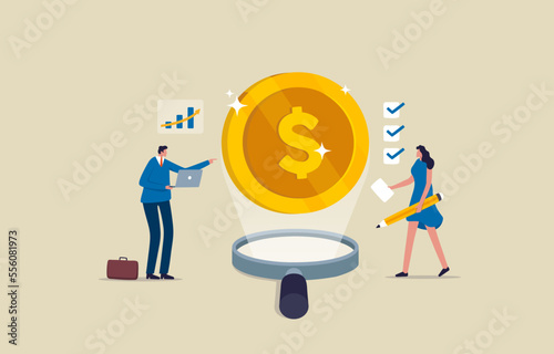 Financial Wealth. Company balance sheet or company profit. Investment professional or financial literacy. Business men and women analyzing the dollar. Illustration