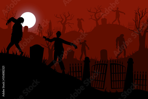 Zombie Halloween graveyard. Cemetery hills silhouette. Scary grave landscape. Creepy monster. Walking corpses and gravestones. October night landscape. Vector poster. Garish red background