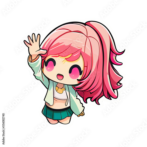 Anime girl saying hi and waving hand to greet person with smile face, Hello or high five gesture. AI generated content
