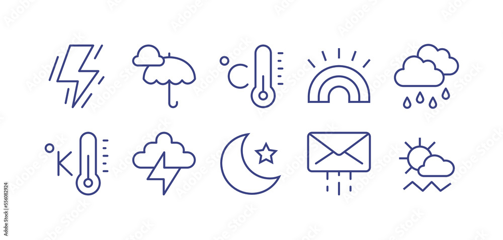 Weather line icon set. Editable stroke. Vector illustration. Containing flash, weather, centigrade, rainbow, heavy rain, kelvin, thunder, night, cloudy, sunny mist.