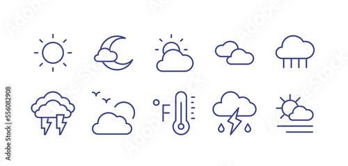 Weather line icon set. Editable stroke. Vector illustration. Containing sun, partly cloudy night, cloudy, overcast, rain, thunder, weather, farenheit, sunny fog.