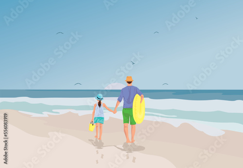 Hand sketch of father with daughter on the beach, Vector illustration.