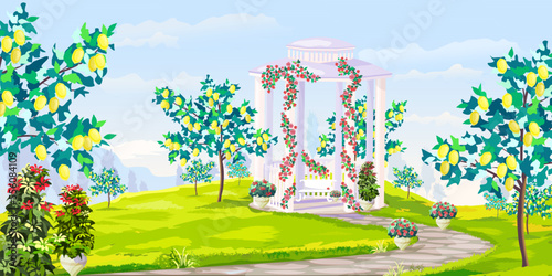 Summer panoramic landscape. Lemon garden with gazebo in weaving flowers, roses in pots, vector illustration