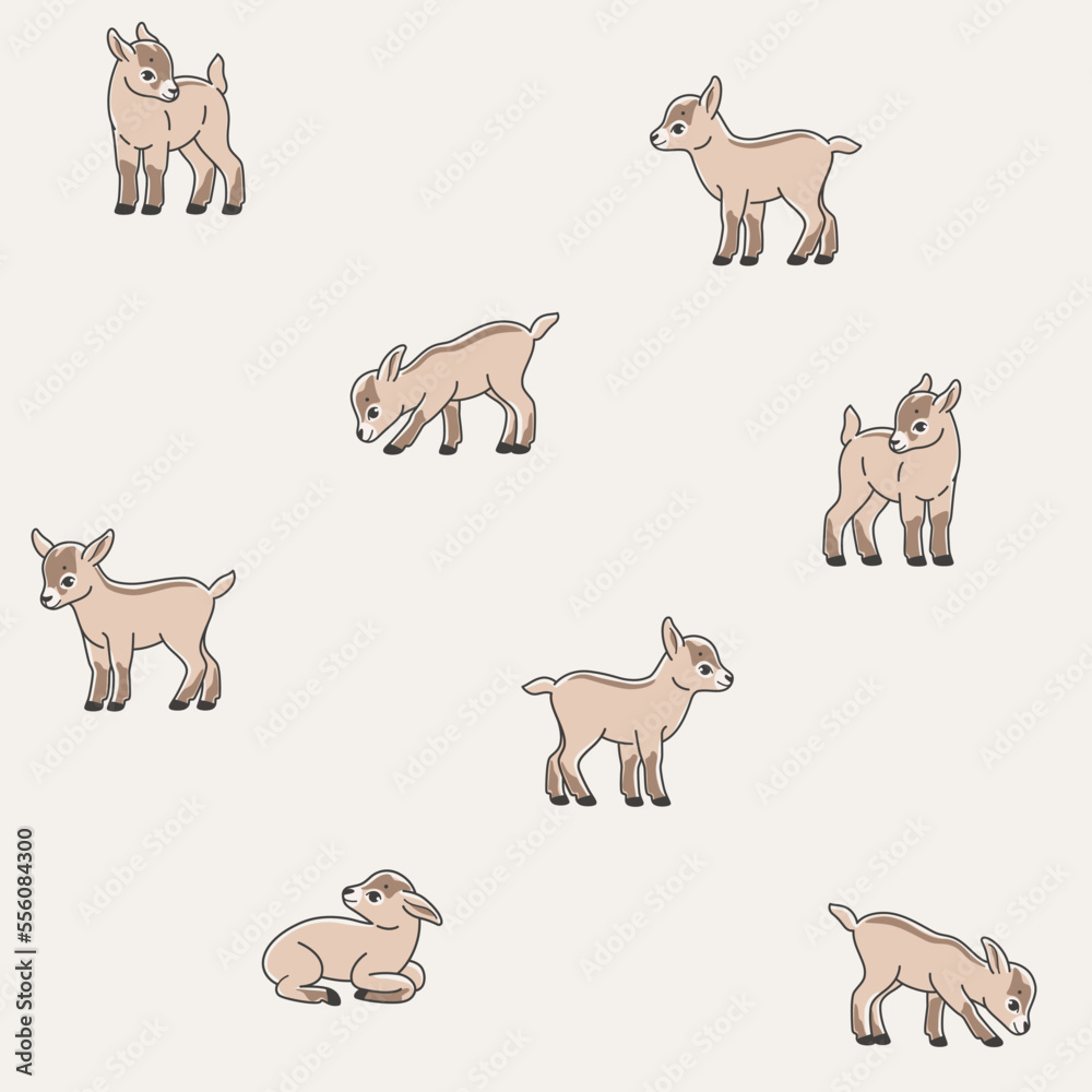 Cartoon baby goat - seamless trendy pattern with animal in various poses. Contour vector illustration for prints, clothing, packaging and postcards. Cartoon baby goat - seamless trendy pattern with animal in various poses. Contour vector illustration for prints, clothing, packaging and postcards.