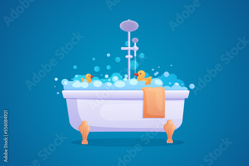 Bath tub cartoon flat style, bubble foam, towel and yellow cute shower rubber duck. Wash in bathroom, hot water in bathtub with soap, relax time. Vector recent illustration isolated object