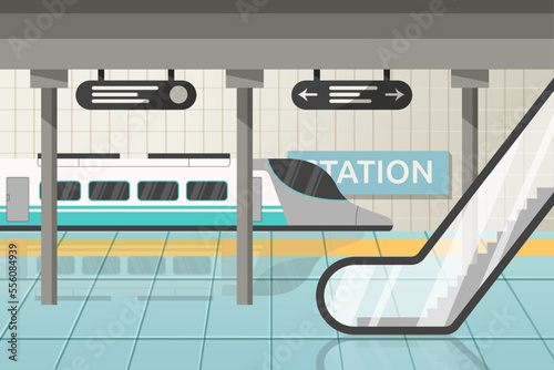 Subway train metro station. Underground hall. Rail transport platform. Public commute. Wagon windows. Hallway with escalator. Passenger transportation. Vector cartoon garish illustration
