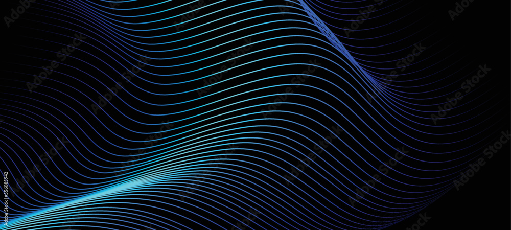 Vector wave lines surface rhytm metallic flowing dynamic in blue grey black colors isolated on black background for concept of AI technology, digital, communication, science, music poster Vector wave lines surface rhytm metallic flowing dynamic in blue grey black colors isolated on black background for concept of AI technology, digital, communication, science, music poster