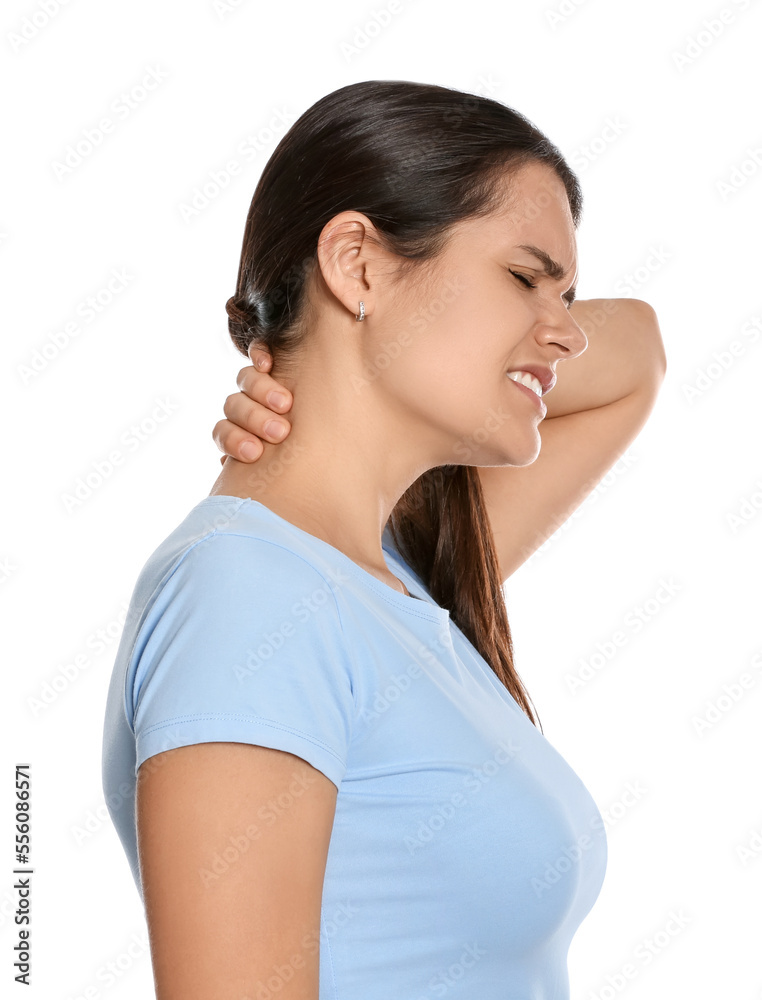 Young woman suffering from neck pain on white background Young woman suffering from neck pain on white background
