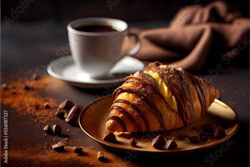 Various homemade croissants with coffee on wooden table.
