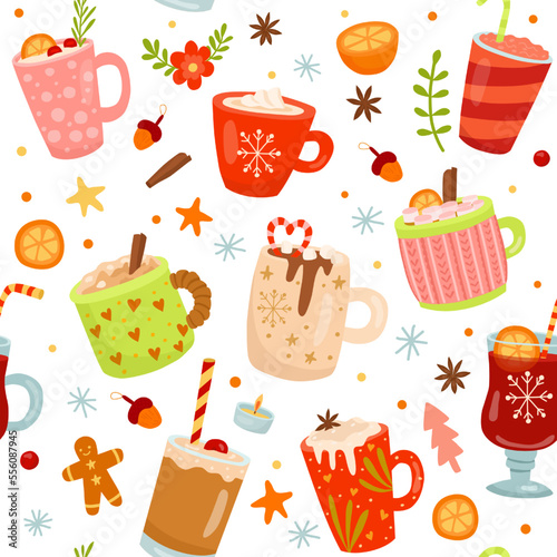 Hot drinks holiday pattern. Coffee and chocolate. Cocoa drink in mug, winter happy new year beverages. Gingerbread and cinnamon, cozy print. Background design. Vector seamless nowaday texture
