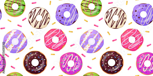 Sweet candy, cute donut top view, cupcake pattern. Summer kid background for funny t-shirt print, pastel children design. Decor textile, wrapping paper, wallpaper vector seamless recent texture