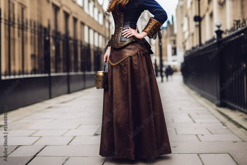 Steampunk fashion clothes urban woman woman posing post modern culture outfit. Generative AI