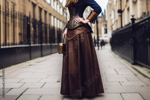 Steampunk fashion clothes urban woman woman posing post modern culture outfit. Generative AI © fabioderby