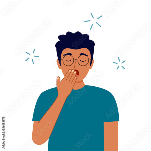 Man feel tire and yawning in flat design on white background. Sleepy guy want to sleep.