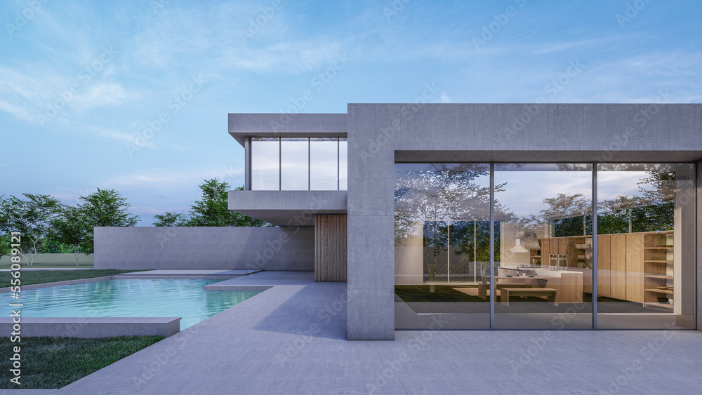 Architecture 3d rendering illustration of modern minimal house with natural landscape