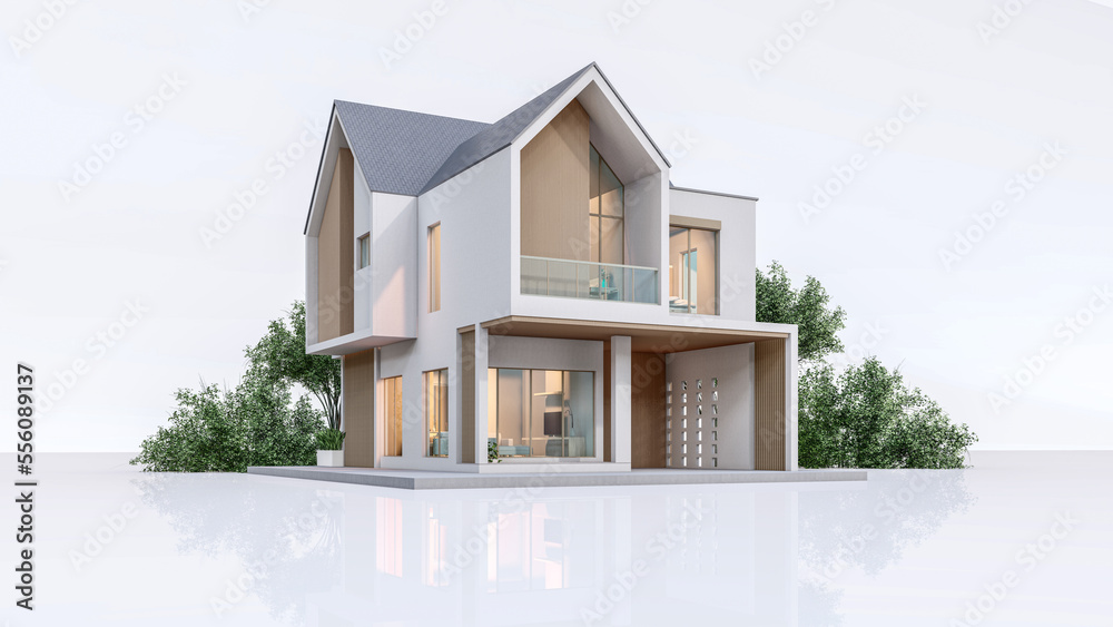 Architecture 3d rendering illustration of modern minimal house on white ...