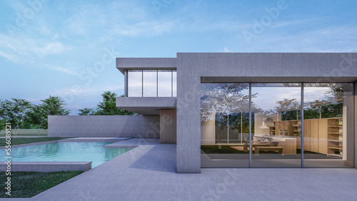 Architecture 3d rendering illustration of modern minimal house with natural landscape © Aris Suwanmalee