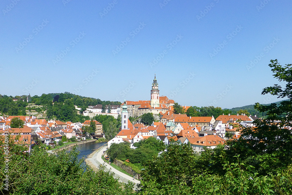 top view of the roofs and buildings of the historical center of Český Krumlov