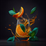 Glass of tasty cold Orange Juice with splashes on color background