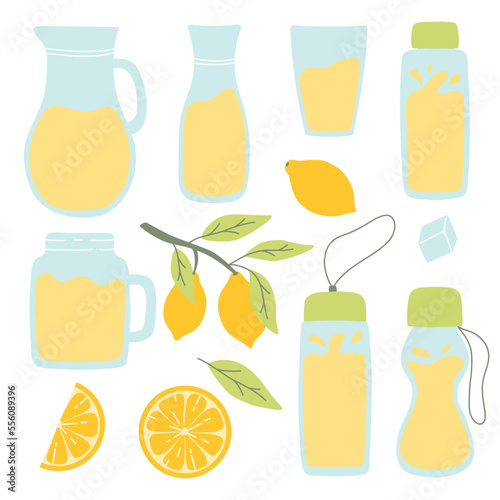 Lemonade set. Collection of jugs, glasses and bottles of lemonade. Lemonade with lemon, mint and ice. Vector illustration. Flat hand drawn style.