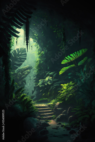 Night tropical jungle background. Atmospheric fantasy forest. AI 