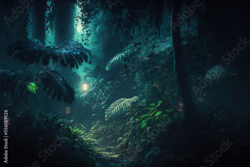 Night tropical jungle background. Atmospheric fantasy forest. AI 