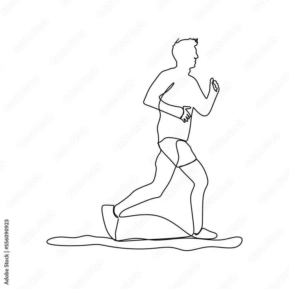 Running man in line art style. Vector continuous line drawing of a running guy. Pren runs in a linear minimalist style