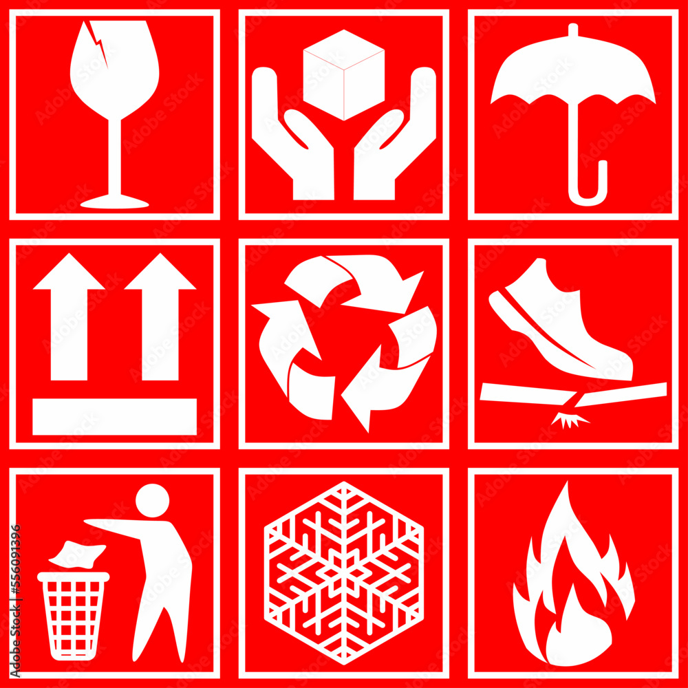 Fragile sign symbol vector illustration. Red packaging sign symbol vector for icon, label, graphic, business, design or decoration. Set of red fragile package cardboard symbol Fragile sign symbol vector illustration. Red packaging sign symbol vector for icon, label, graphic, business, design or decoration. Set of red fragile package cardboard symbol