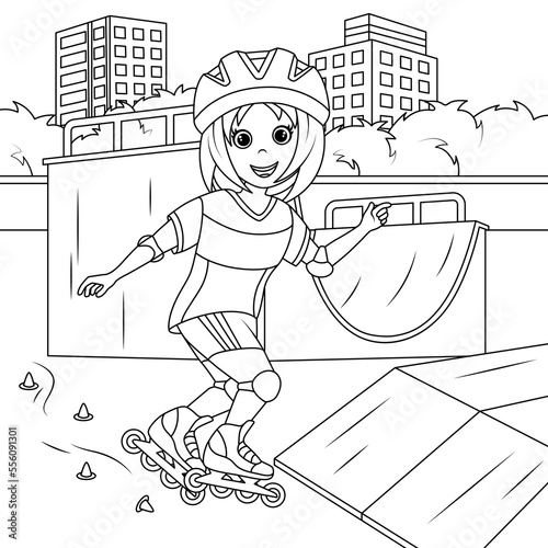 Girl rollerblading at the skatepark. Coloring book for children. Vector illustration