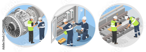 Engineer work Railway Aircraft and Electric Inspector and maintenance  isometric for industry and construction symbols isolated white background