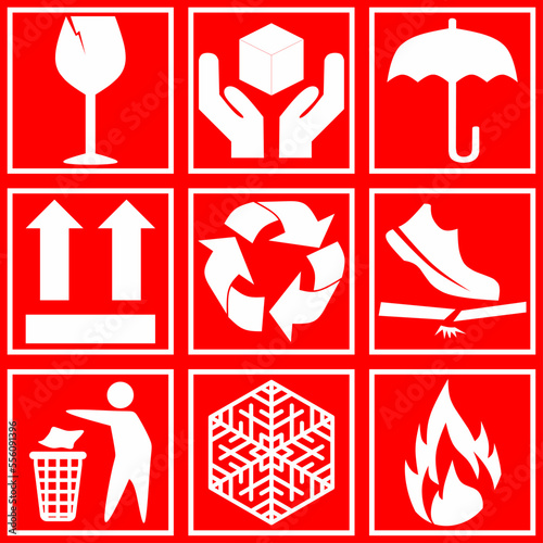 Fragile sign symbol vector illustration. Red packaging sign symbol vector for icon  label  graphic  business  design or decoration. Set of red fragile package cardboard symbol