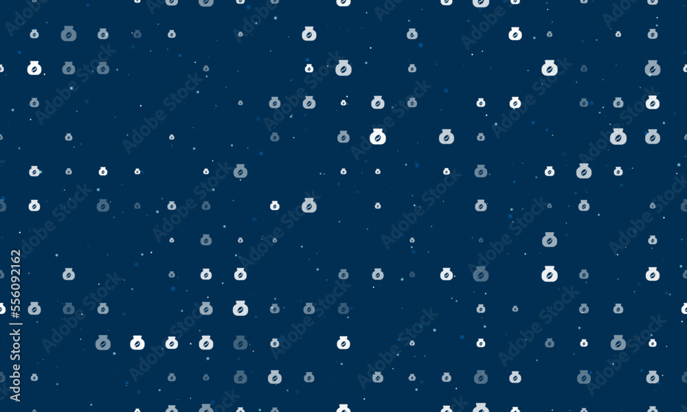 Seamless background pattern of evenly spaced white instant coffee symbols of different sizes and opacity. Vector illustration on dark blue background with stars