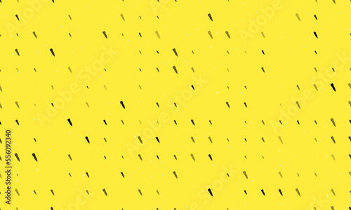 Seamless background pattern of evenly spaced black falling rocket symbols of different sizes and opacity. Vector illustration on yellow background with stars