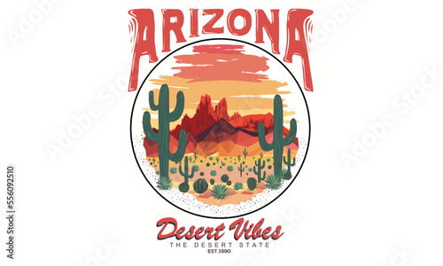 Arizona desert retro print design for t-shirt. Arizona desert vibes graphic print design. Western desert design for poster, sticker and others. Watercolor art.