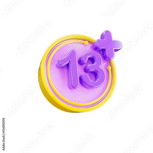 Age restriction 13+ 3d icon in transparent background. 3d symbol and sign. Modern and minimalistic. 3D rendered Illustration. Age restriction thirteen plus symbol.