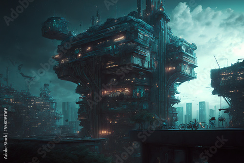 highly detailed science fiction buildings at night