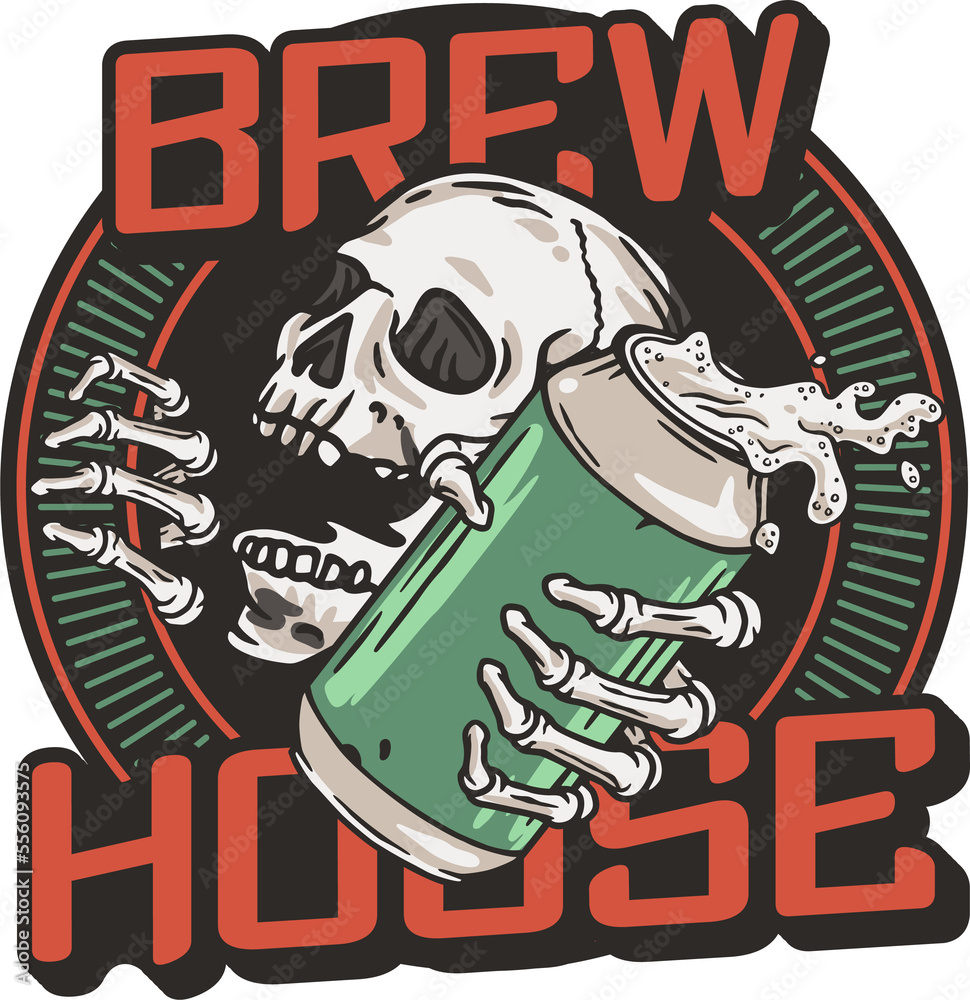Obraz premium Beer skull and metal can with foam splash. Skeleton with beer can in bone hand for brewery or bar. Craft beer vector logo or emblem for label design of tin for pub and beer store.