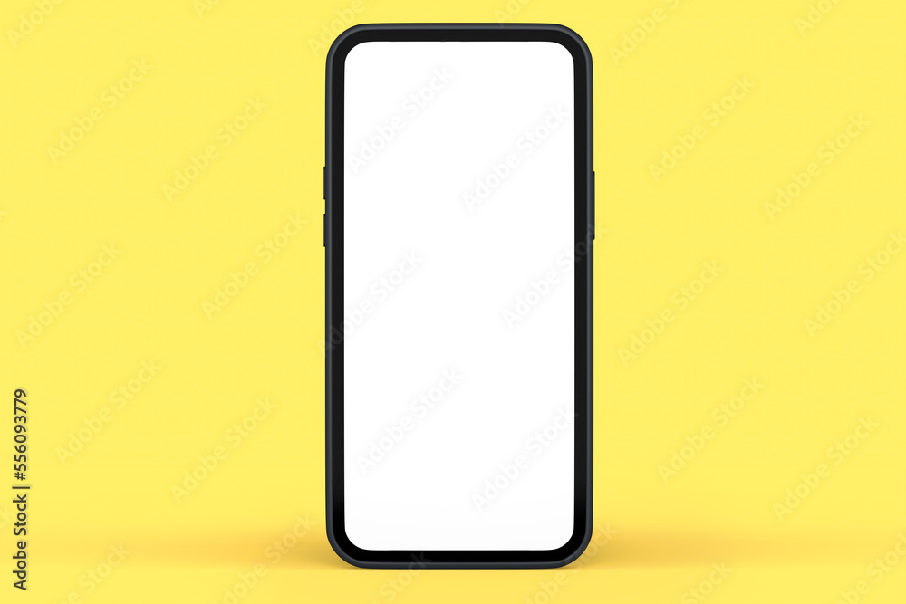 Realistic black smartphone with blank white screen isolated on yellow background Realistic black smartphone with blank white screen isolated on yellow background