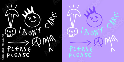 Modern abstract street art, with punk emoji, skull, unique quote, peace symbol graffiti. Artwork for street wear, t shirt, posters, bomber jackets, hoodie, patchworks, enamel pins; for clothes.
