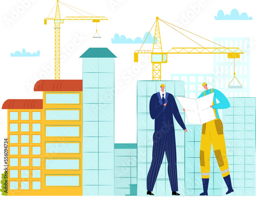 Architect engineer at construction, professional worker builder vector illustration. Business work at industrial building, man person