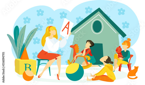 Kindergarten kids education with woman teacher, landing page vector illustration. Child character learning at preschool webpage.