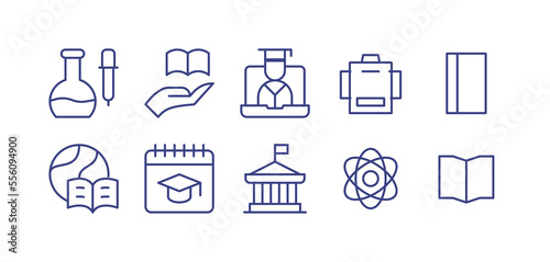 Education line icon set. Editable stroke. Vector illustration. Containing laboratory, education, online learning, backpack, diary book, world, semester, political science, atom, book open.