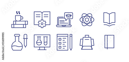 Education line icon set. Editable stroke. Vector illustration. Containing books, manual, online learning, atom, book open, laboratory, test tube, exam, backpack, diary book.
