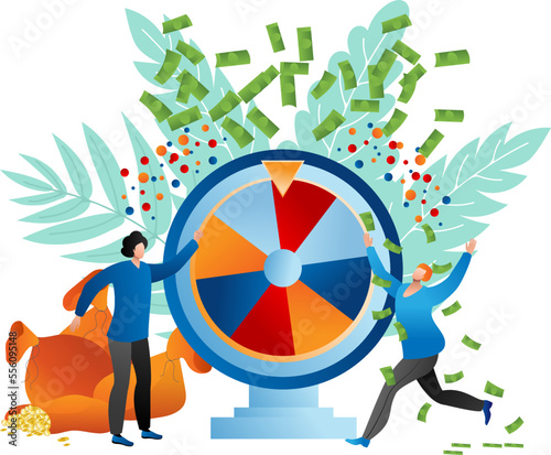 Fortune wheel at online casino, people play at gambling concept vector illustration. Game landing banner, mobile roulette in internet web page.