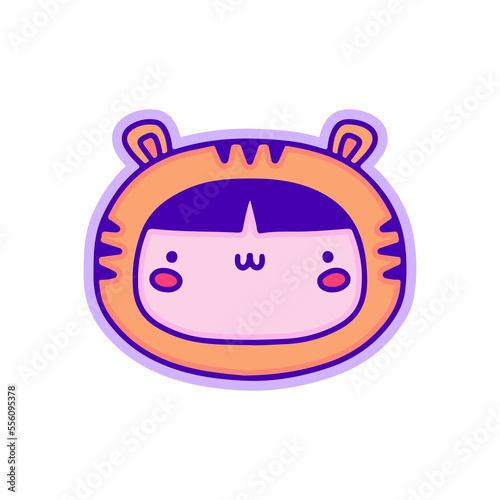 Cute kid in tiger costume, illustration for t-shirt, sticker, or apparel merchandise. With modern pop and kawaii style.