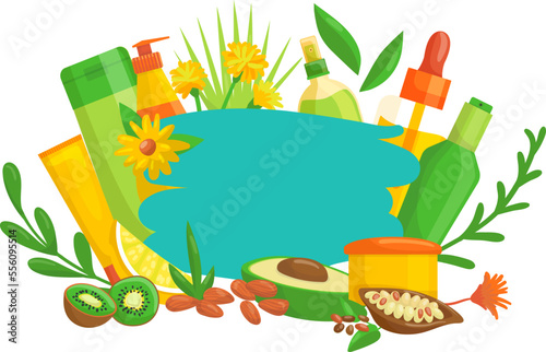 Organic natural cosmetic, nature label banner vector illustration. Green prod...
