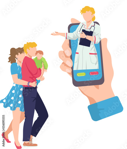Online medicine, family doctor at mobile vector illustration. Medical health ...