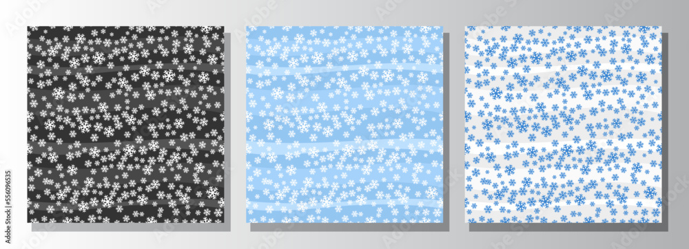 Vector Snow Seamless Patterns, set of three repeating backgrounds with illustration of falling snow on 3 various abstract background, winter snow weather pattern for variety christmas wrapping paper